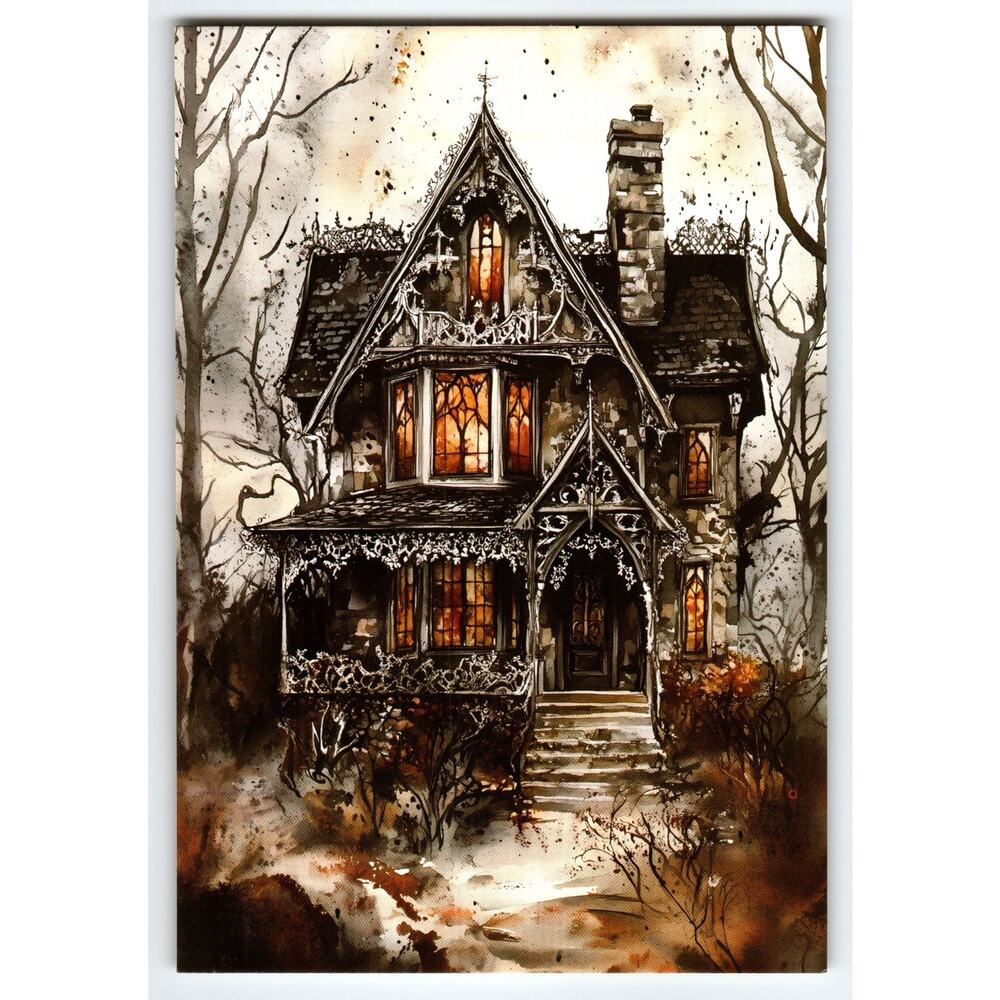 Vintage Halloween Haunted House Photochrome Postcard 5.5x4 Litho